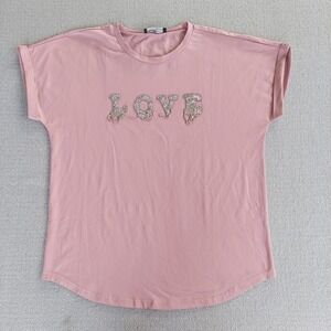 On Twelfth T Shirt Womens Large Pink LOVE Rhinestone Graphic Cuffed Sleeve Tee